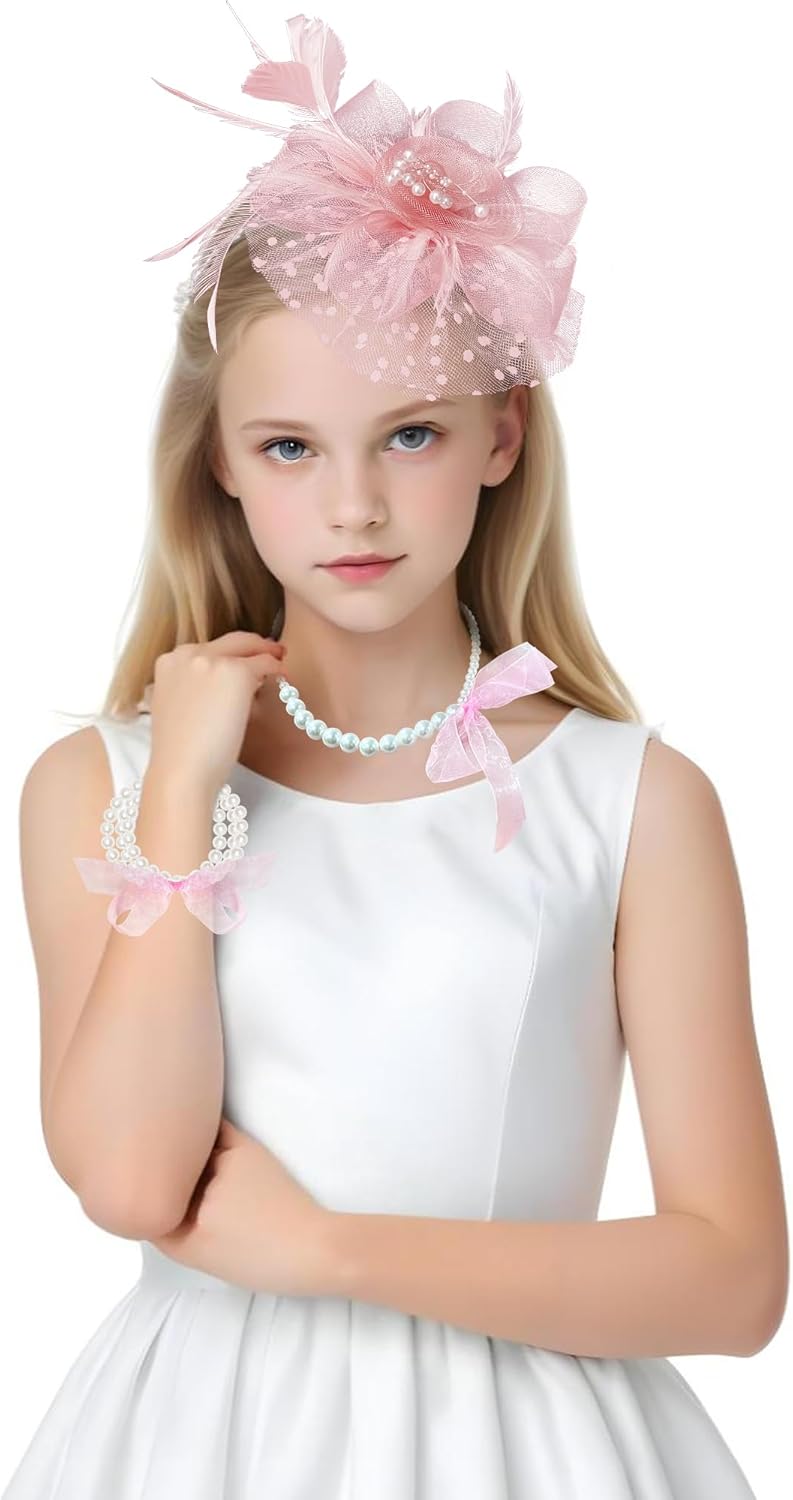Girls Tea Party Fascinators Hats Lace Gloves Pearl Necklace Set for Wedding 1920s Tea Party Accessories (Blush Pink) - Image 5