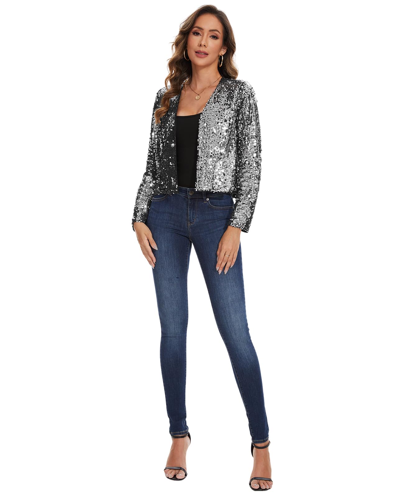 MINTLIMIT Damen Pailletten Strickjacke Kurz Cardigan Langarm Bolero Elegant Glitzer Jacke
