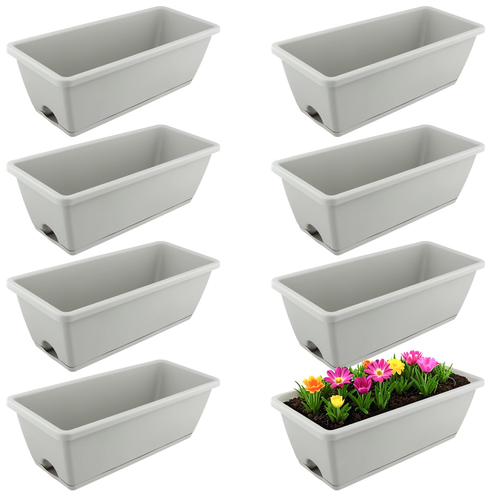 MUKSEUT Lot de 8 jardinières rectangulaires en résine avec Trous de Drainage et Plateaux pour Rebord de fenêtre, terrasse, Jardin, décoration d'intérieur, Porche, Cour - Gris - 43,2 cm