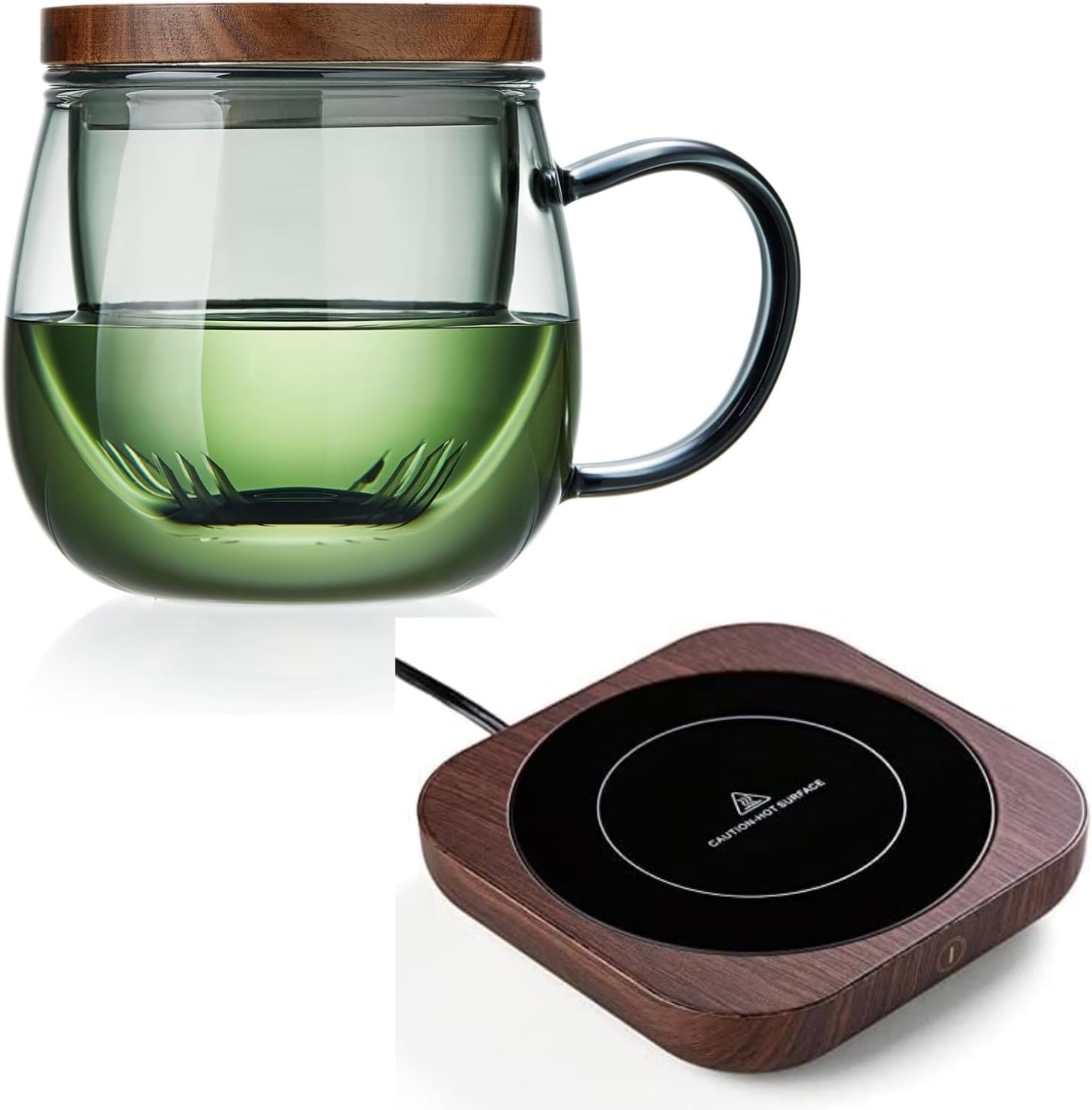 17OZ (500ML) Glass Tea Cup with Infuser and Lid & Coffee Warmer, 3-in-1 Mug Warmer with Auto Shut Off