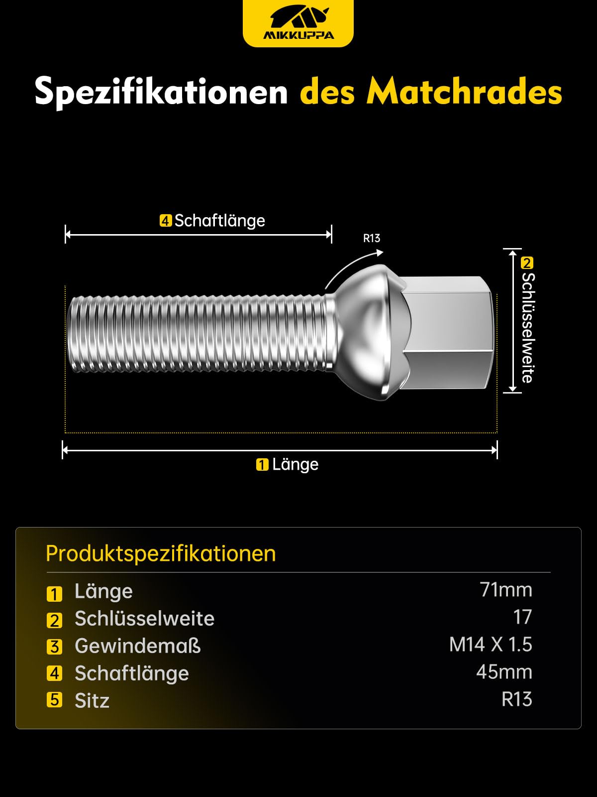 MIKKUPPA di 20 bulloni per ruote, M14 x 1,5, lunghezza del fusto: 45 mm, SW17 | Fascetta a sfera R13, argento cromato
