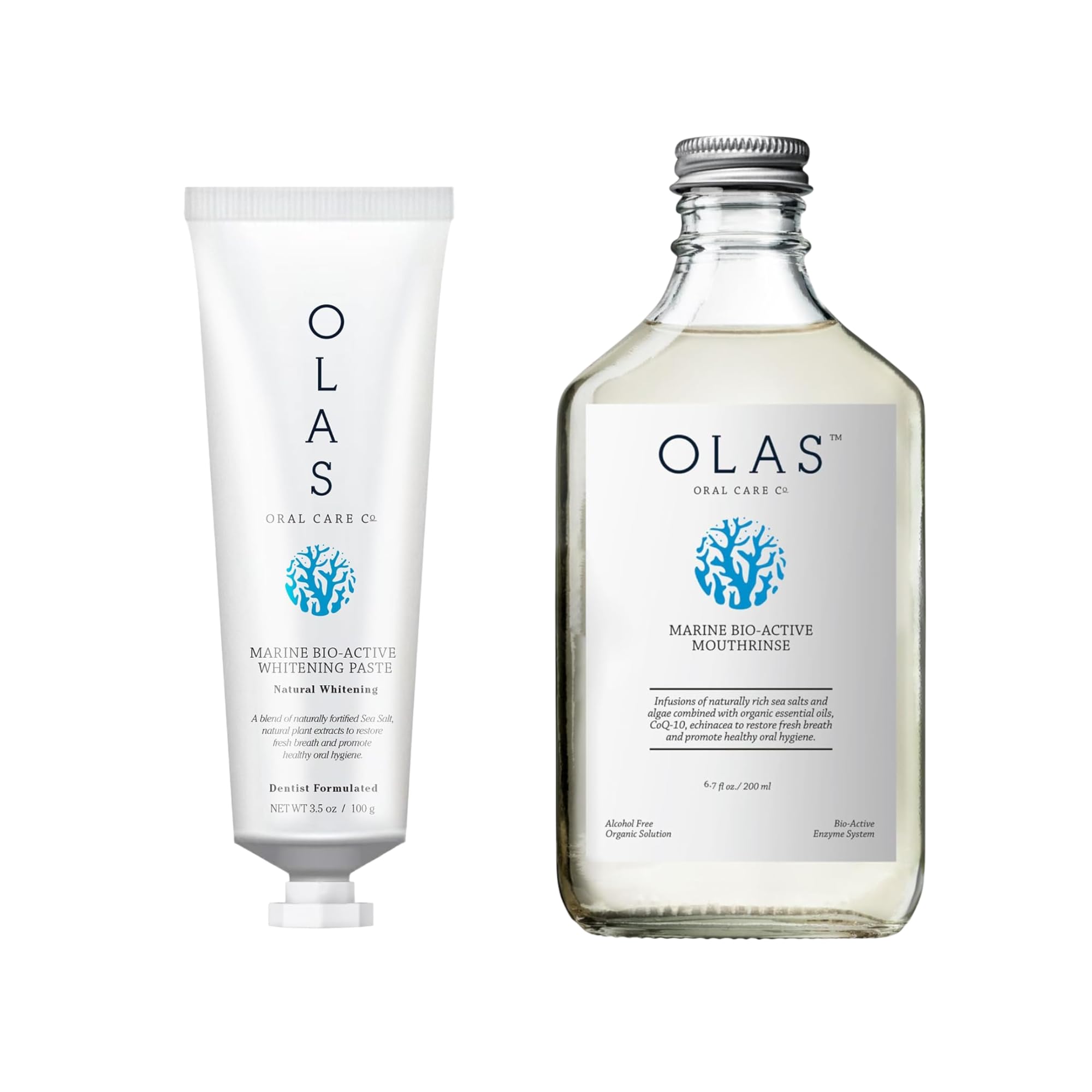 OLAS Oral Care Duo Marine Bio-Active Toothpaste 3 5oz Alcohol-Free Mouthwash 200ml Fluoride-Free SLS-Free Dentist-Formulated for a Healthy