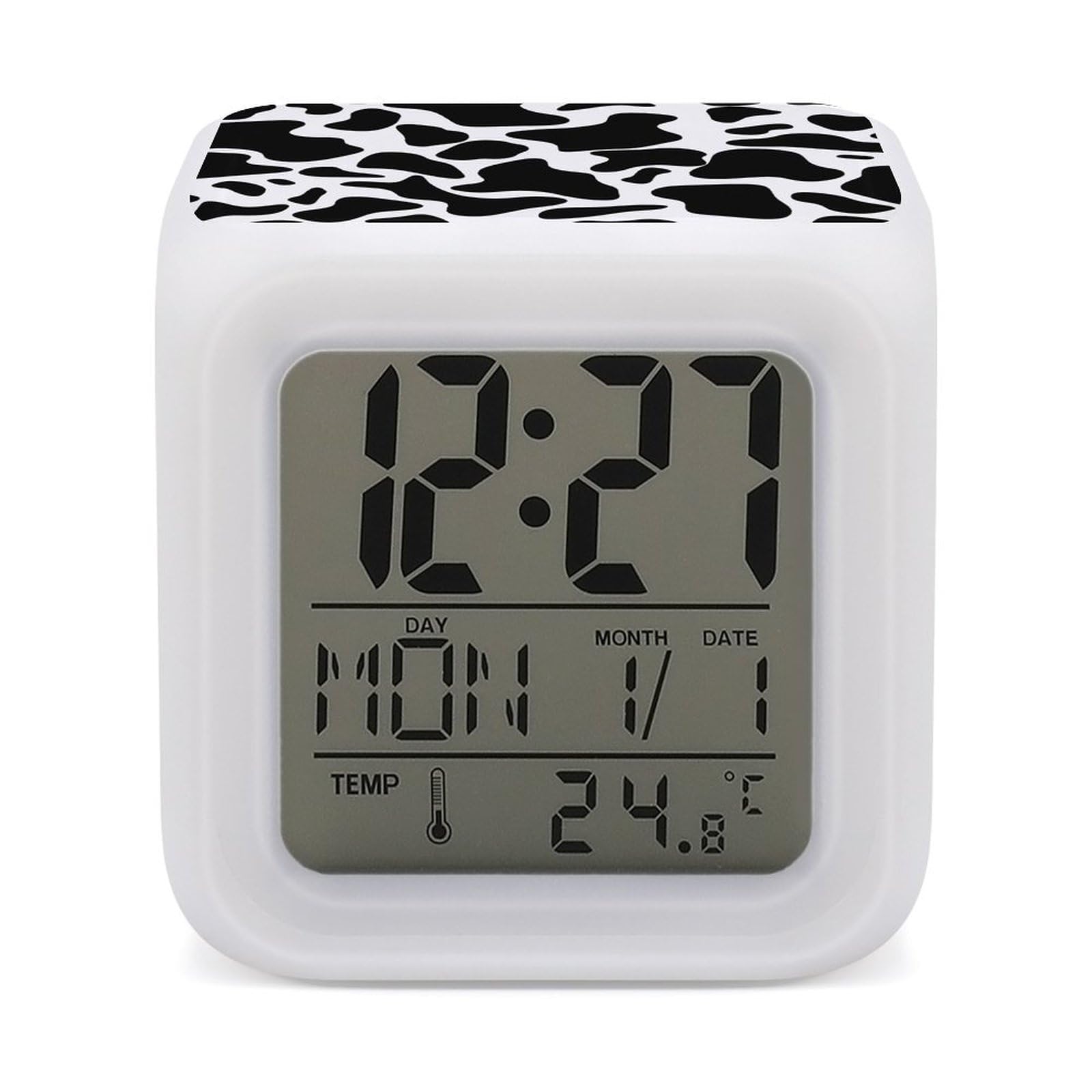 VstaDank Cow Spot Digital Alarm Clock LED Display Screen Color Change Alarms Clock Smart Alarm Clock Wake Up Digital Clocks with 7 Color Nightlight for Bedroom