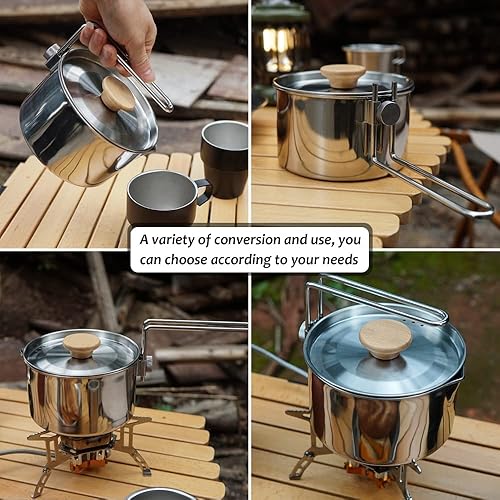 Miniatura 6 de Olla de camping de acero inoxidable con tapa y mango extraíble, hervidor de agua ligera para acampar al aire libre, fácil de limpiar, olla de