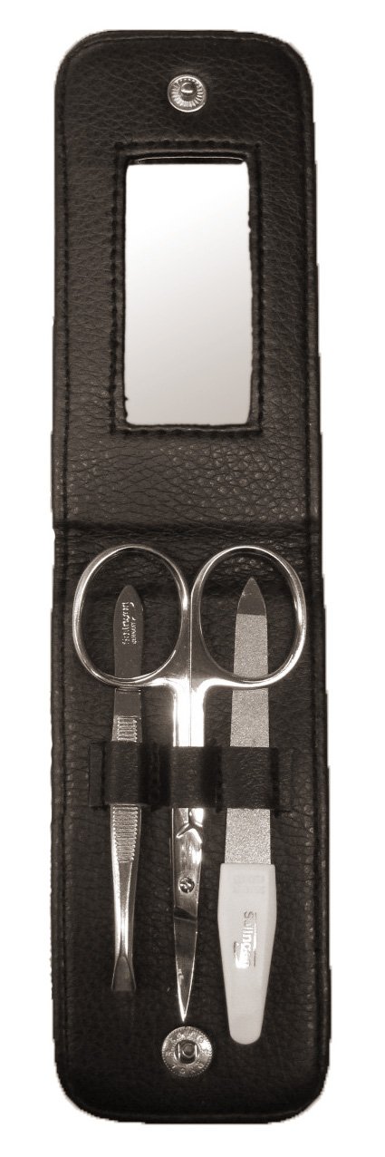 ClaussReal Leather Manicure Case 3-Part with Mirror, Black