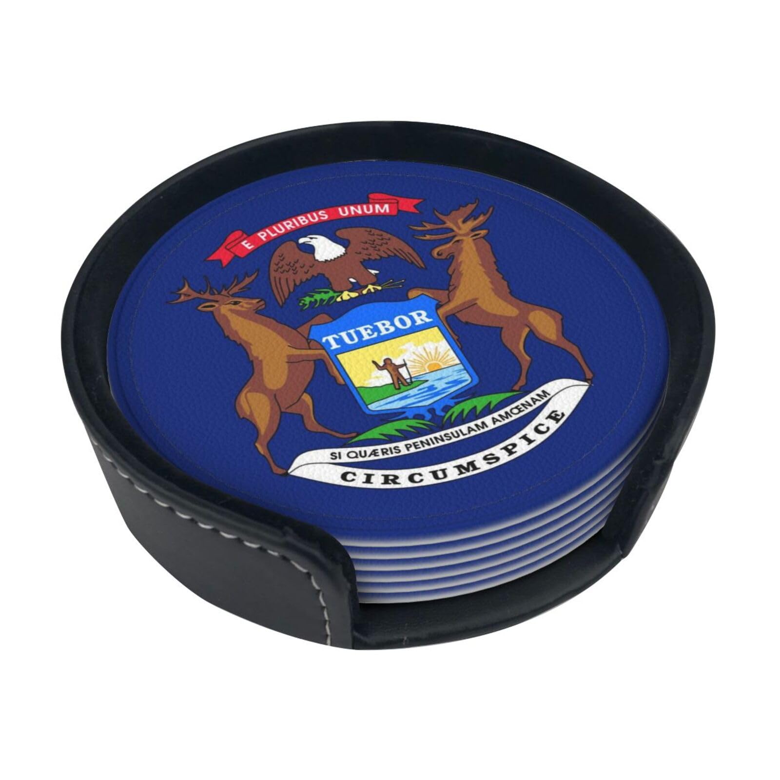 Michigan State Flag Leather Coasters-Set of 6 with Storage Holder