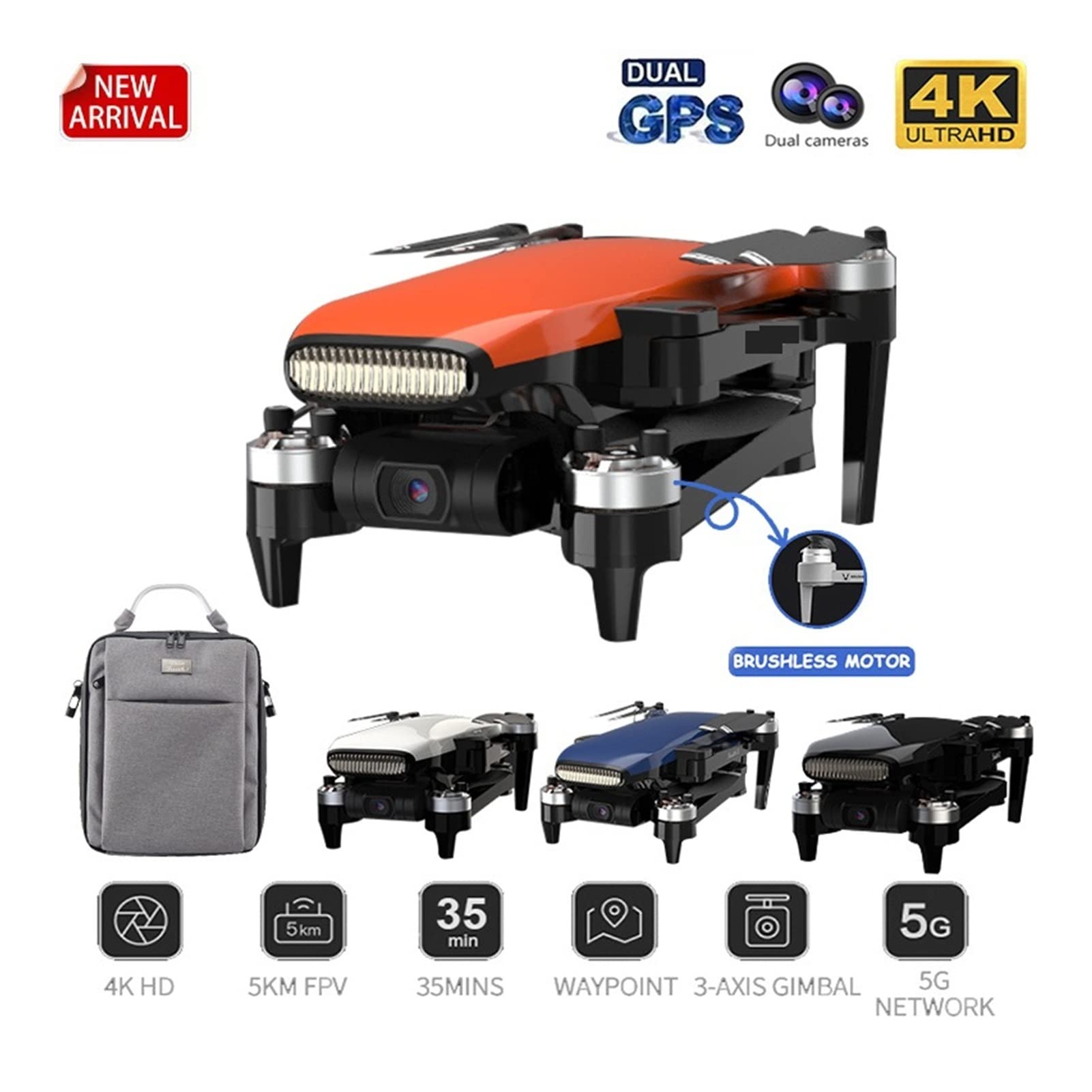 Odległość lotu drona 5000 m z podwójną kamerą 4K Profesjonalny 5G WiFi FPV Drone Bezszczotkowy silnik Rc Quadcopter (Kolor: biała torba 4K 3B Rozmiar: 1) (Pomarańczowa torba 4K3B 128G 1)