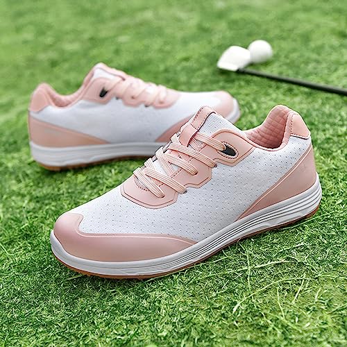 Seaneola Unisex Golf Shoes For Men Women Waterproof Golf Shoes Spikeless Leather Golf Sneaker,Netpink #TOP5