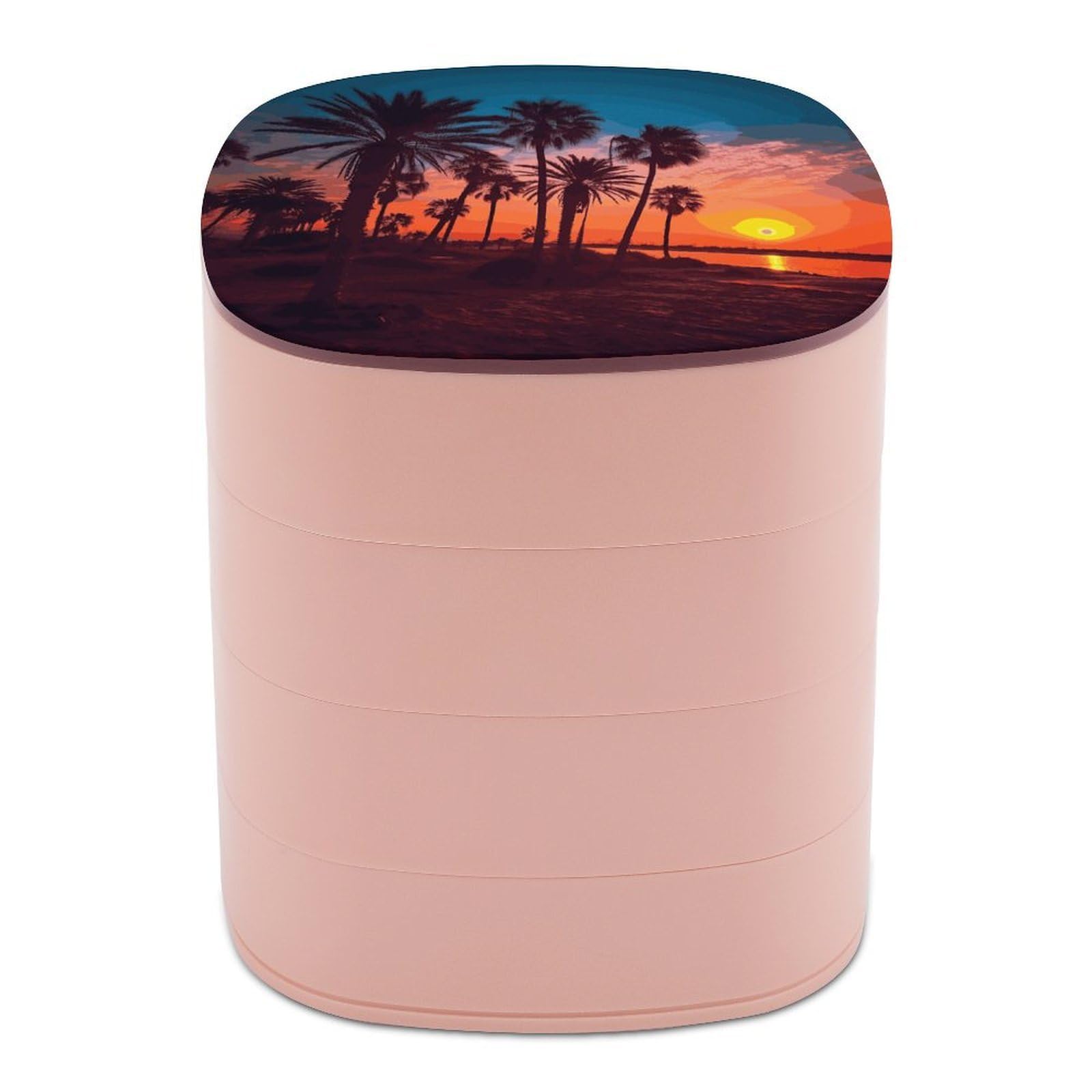 VstaDank 360° Rotating Palm Tree Sunset Jewelry Box, Multi-Layer Large Capacity Jewelry Organizer for Earrings Necklaces Rings, Dustproof Desktop Storage Case for Women