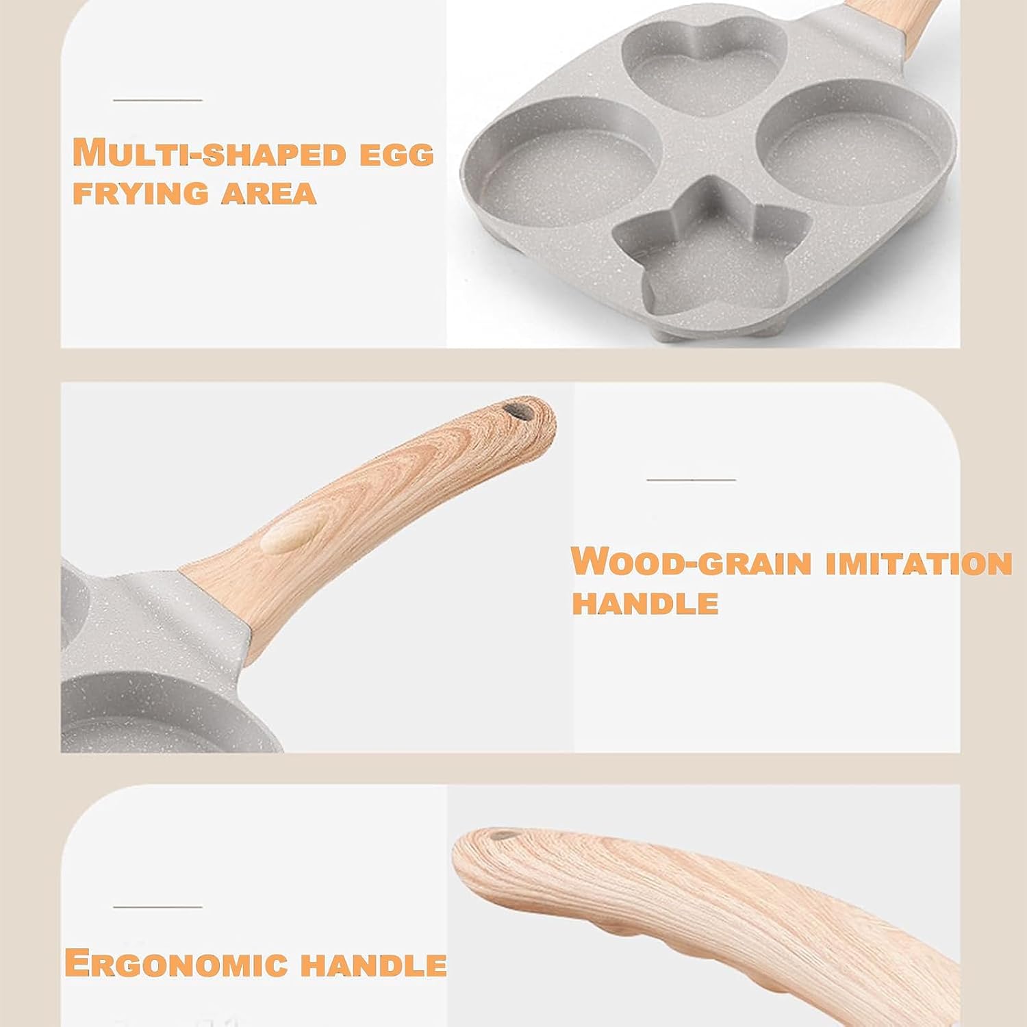 Non-Stick Four-Hole Star-Shaped Omelette Pan Cookware, Granite Style Pancake Pan with Wooden Handle, Quick Heating, Easy to Clean, Ideal Use for Breakfast (White)