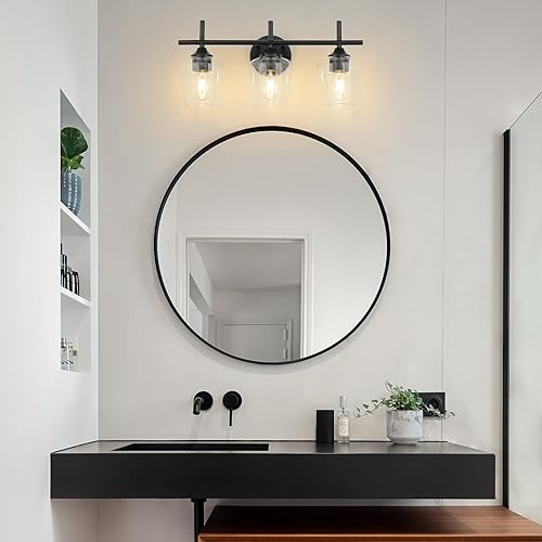 Miniatura 8 de Lámparas de tocador de baño, 3 luces negras sobre el espejo, iluminación moderna de tocador con pantalla de vidrio transparente, lámpara de pared