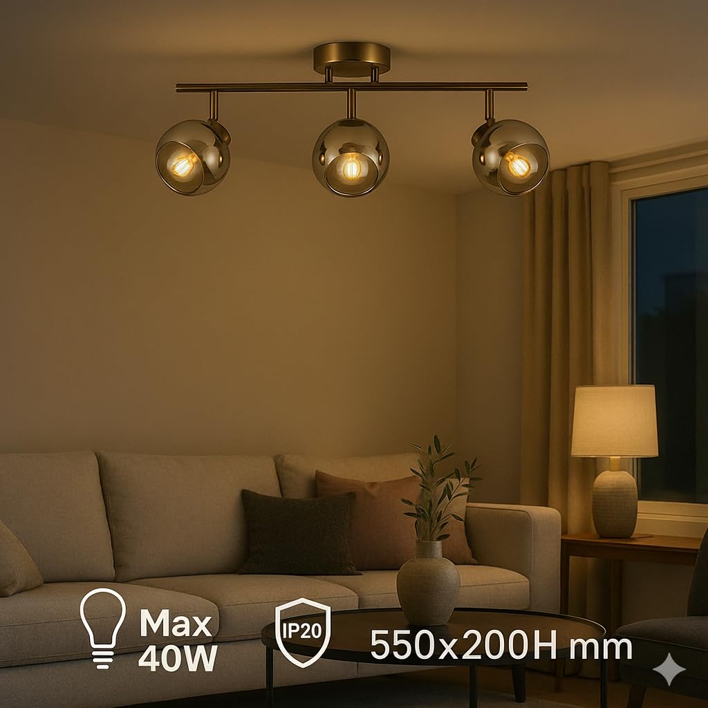 M Ledme - Lámpara de Techo Serie Glass 3 Focos, 3 Focos Led Interior de Techo Base E14, Focos LED Interior Acabado Negro (No incluye bombilla)