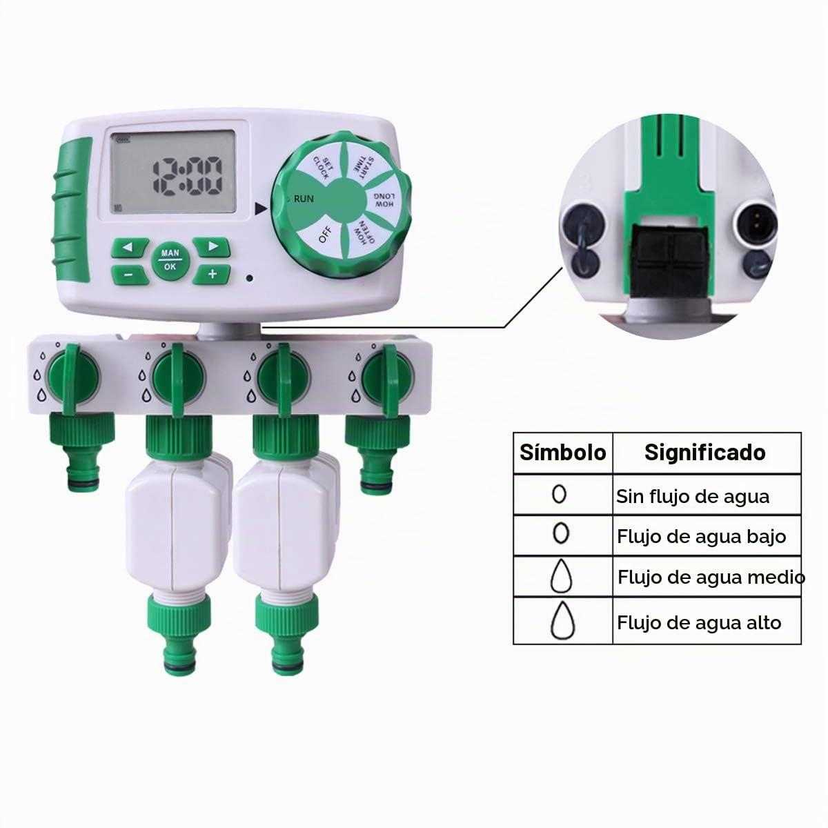 Programador de riego 4 Zonas Controlador de Temporizador de Agua en jardín con 2 válvulas solenoides