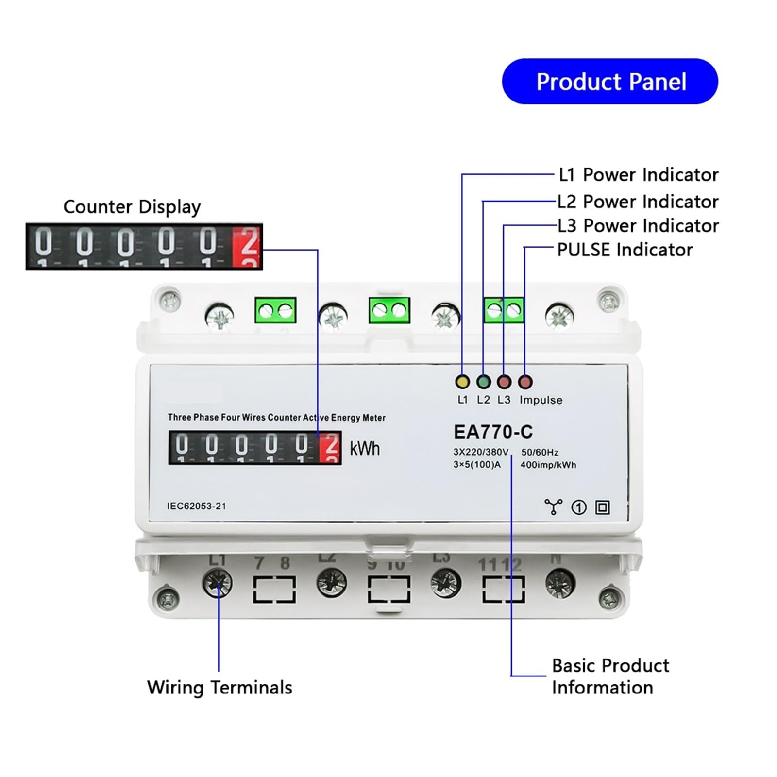 Medidor Inteligente Monitor De EnergíA Medidor De Energía Activa Electrónico Trifásico De Cuatro Cables, Monitor De Consumo De Energía KWh, Carril DIN 3 * 5(100) A 50/60Hz LCD