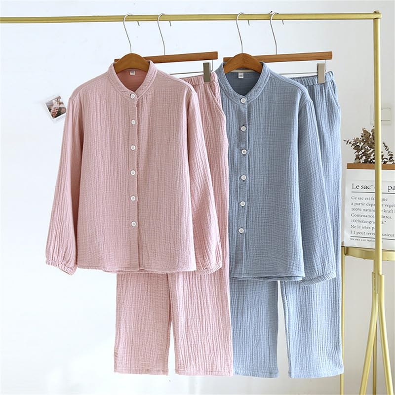 Shanghai Story Gauze Pajamas Set Cotton Solid Long Sleeve Sleepwear Stand Collar Button Down Loungewear Pants Pjs2