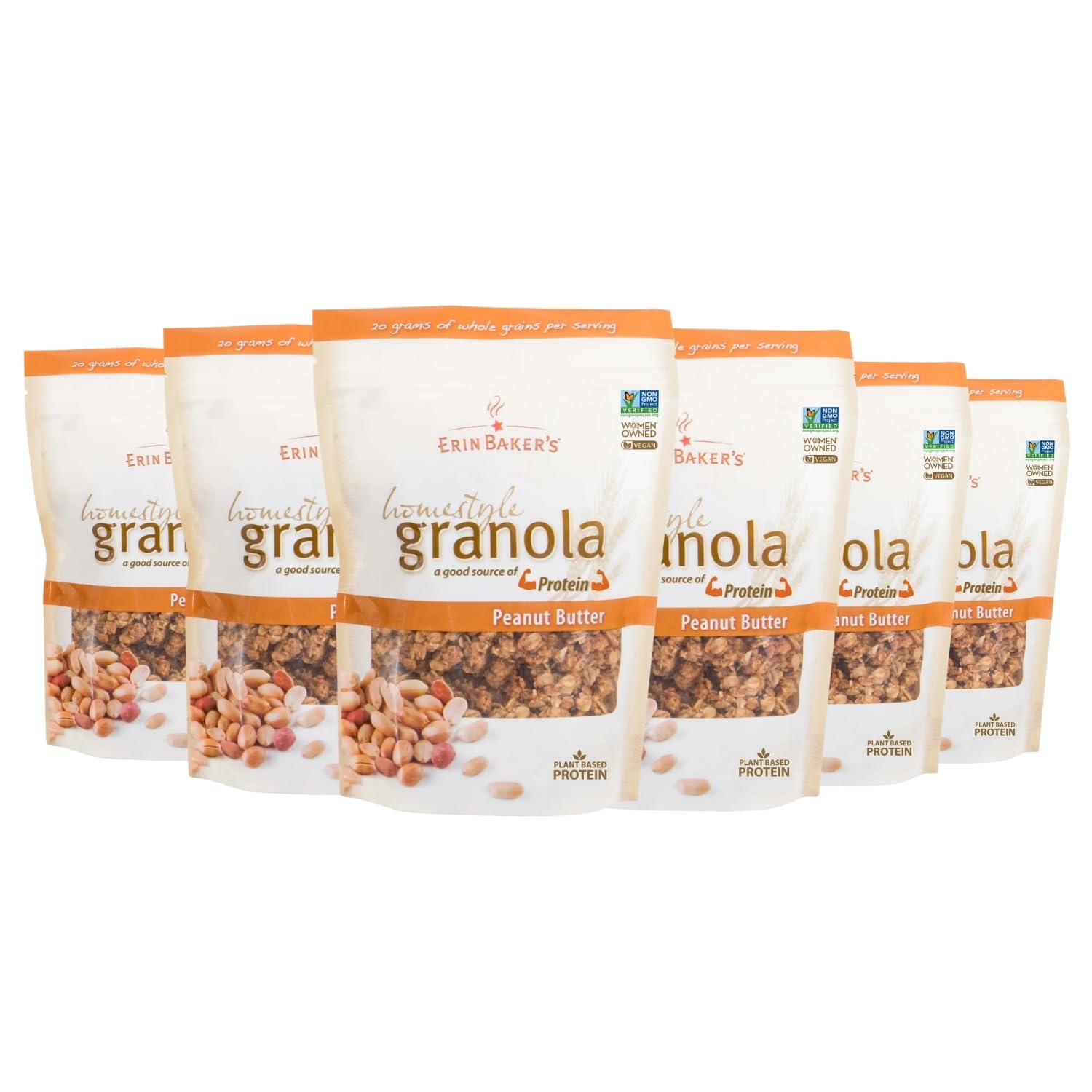 Erin Baker’s Homestyle Peanut Butter Granola with Ancient Grains - Made from Natural Ingredients, Crunchy Texture, Versatile Snack or Cereal - Vegan Friendly, Non-GMO, Resealable 12oz Bags, 6‑Pack
