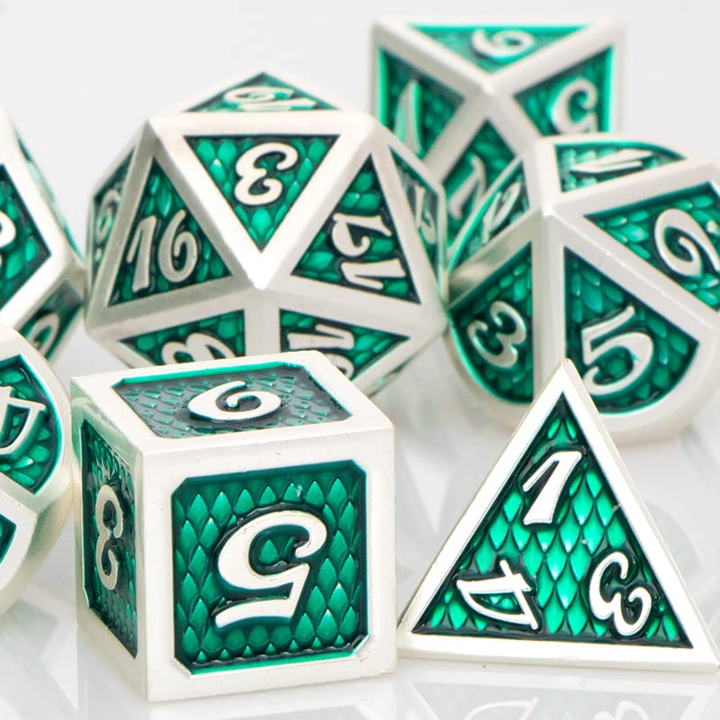 Metal DND Dice Set Dungeons and Dragons Dice, KERWELLSI Dragon Scale D&D Dice Set D20 D12 D10 D8 D6 D4, Green 7pcs MTG Polyhedral Dice Set for Role Playing, Pathfinder, Warhammer with Gift Box