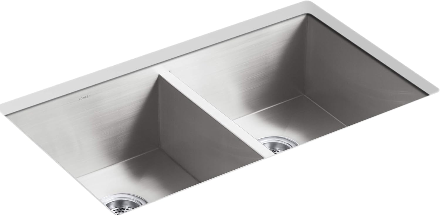KOHLER Vault™ 32" Stainless Steel Sink, Double-Bowl, Undermount Kitchen Sinks with No Faucet Holes, Undermount Installation Only, 9 inch Bowl, K-3820-NA