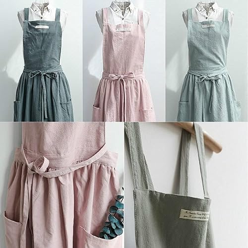 Miniatura 7 de SF-ZXTINP Delantal de cocina de algodón y lino para mujer con bolsillos, lindo para hornear, pintar, jardinería y limpieza