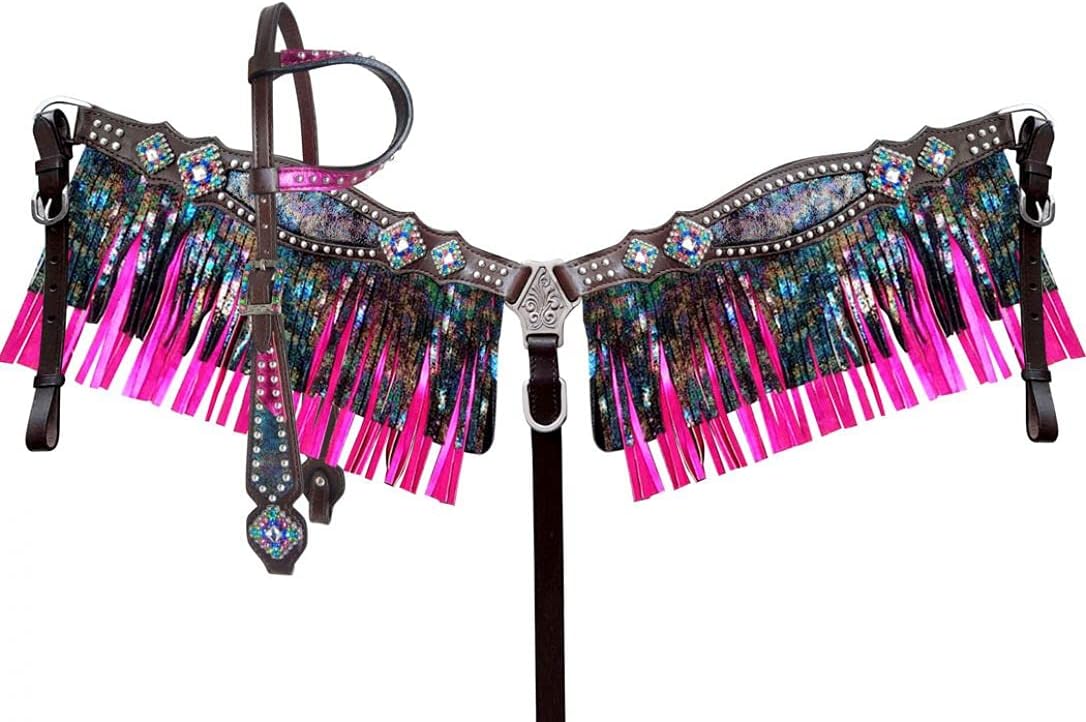 Showman Leather Headstall & Breast Collar Set w/Rainbow Metallic Inlays & Fringe,Dark Brown/Rainbow,Average Full Size Horse