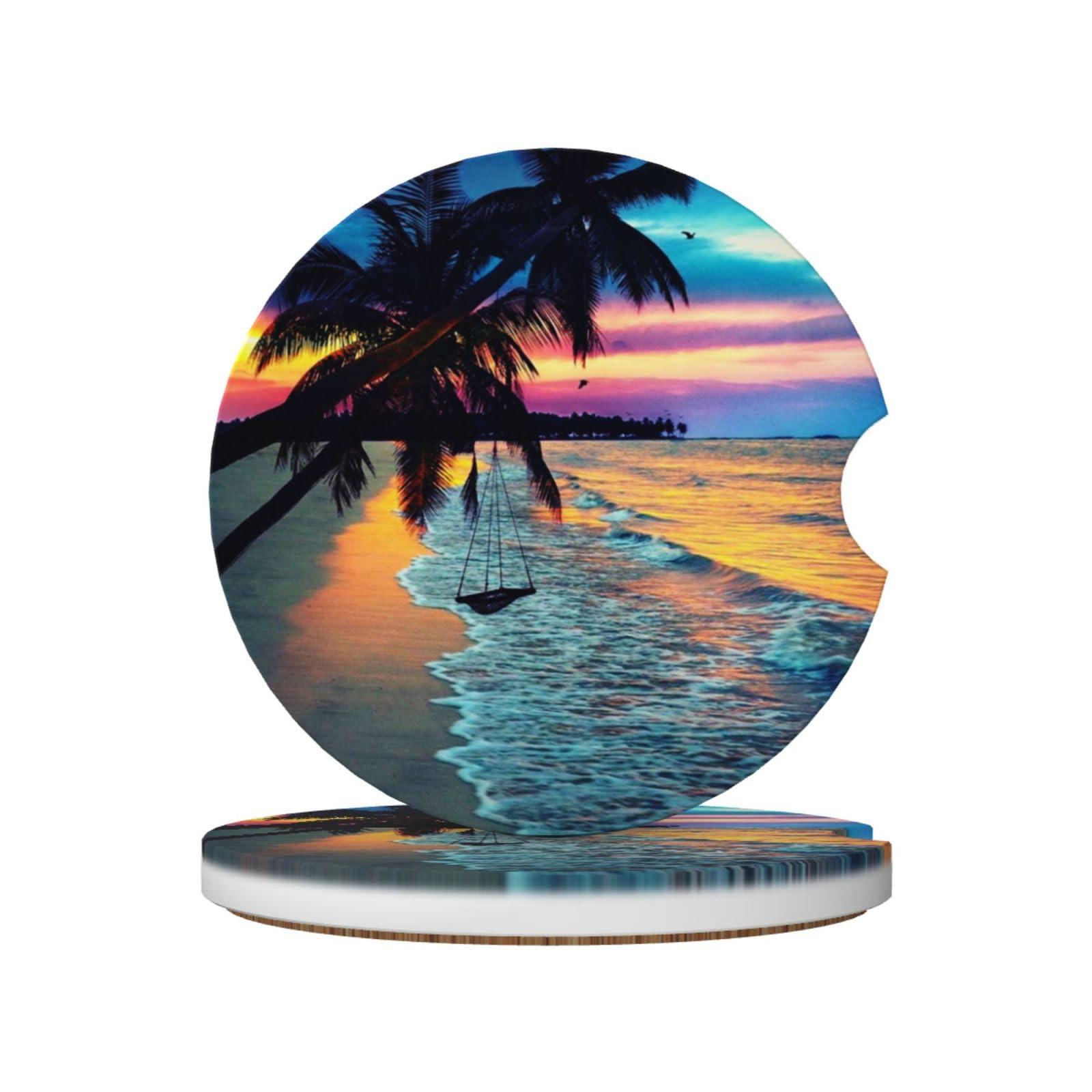 2 Pack Coconut Beach Sunset Ceramic Absorbent Car Coasters Dia 2.56"