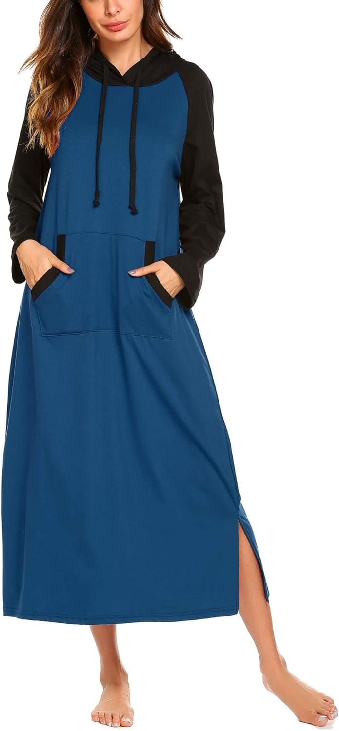 Ekouaer Nightgowns for Women Cotton Nightgown Long Sleeve Hooded Night Gown Contrast Color Full Length Loungewear with Pocket Blue Large