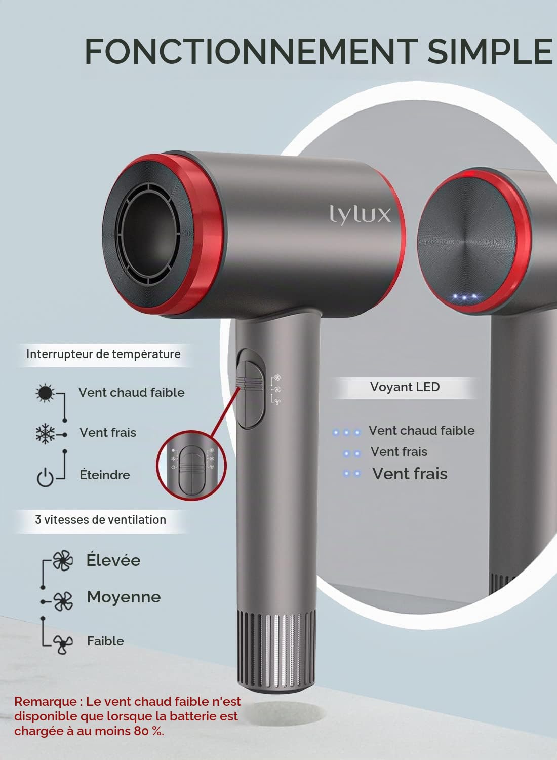 LYLUX Cordless Rechargeable Hair Dryer, Portable Professional