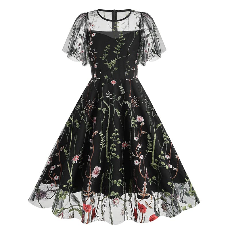 Vestidos De Mujer Elegantes,Vestidos De Noche para Mujer Manga Corta Tul Vestido Floral Bordado Corte A Vestidos De Verano Años 50 Y 60 Estilo Rockabilly Swing Cóctel Fiesta Boda Elegante Vestido