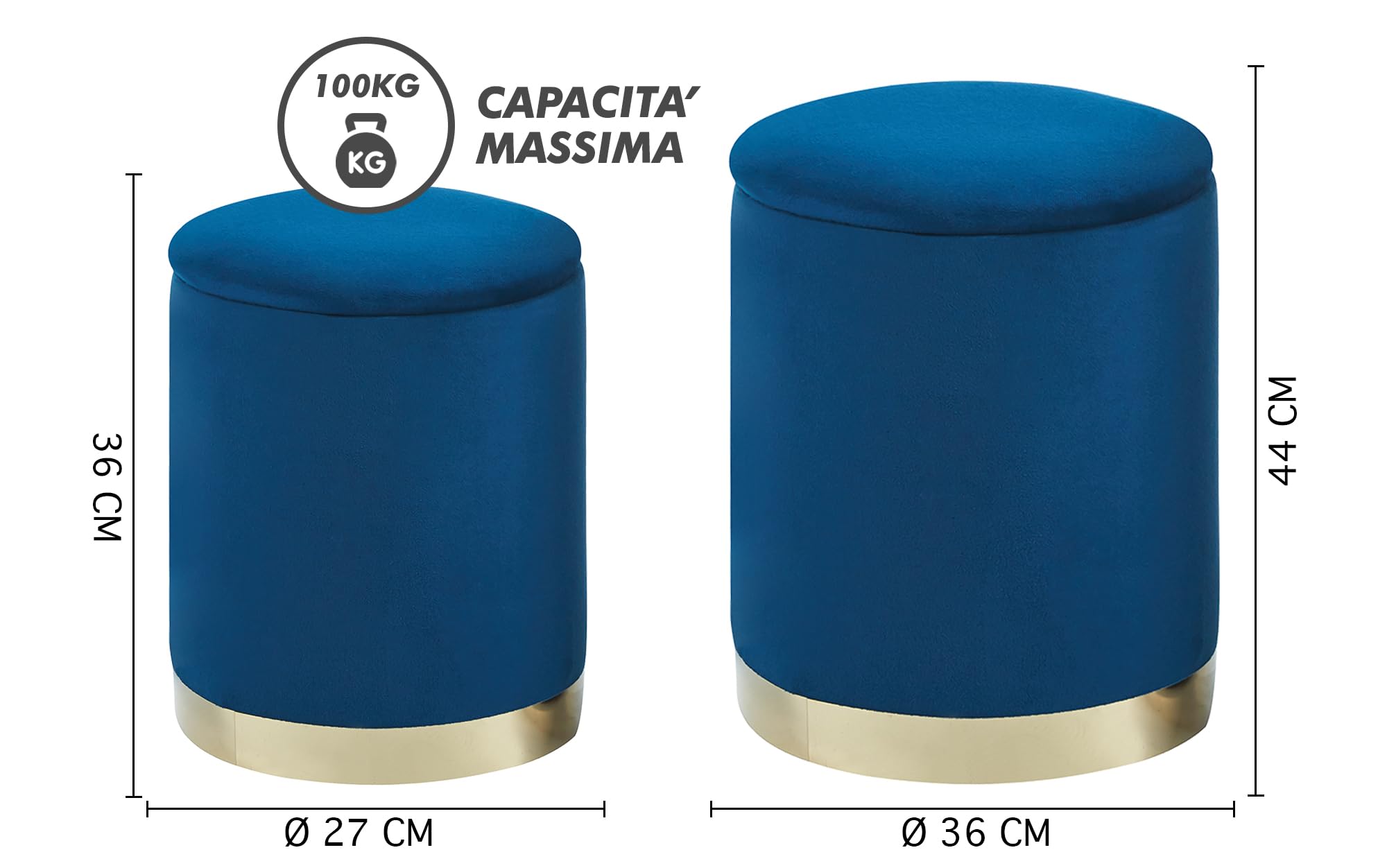 IlGruppone Set Di 2 Pouf Contenitore In Velluto Design Moderno Poggiapiedi,Sgabello Tondo con Coperchio Rimovibile e Seduta Imbottita Alta Densità Con Fascia In Metallo Capiente Storage Box- Blu
