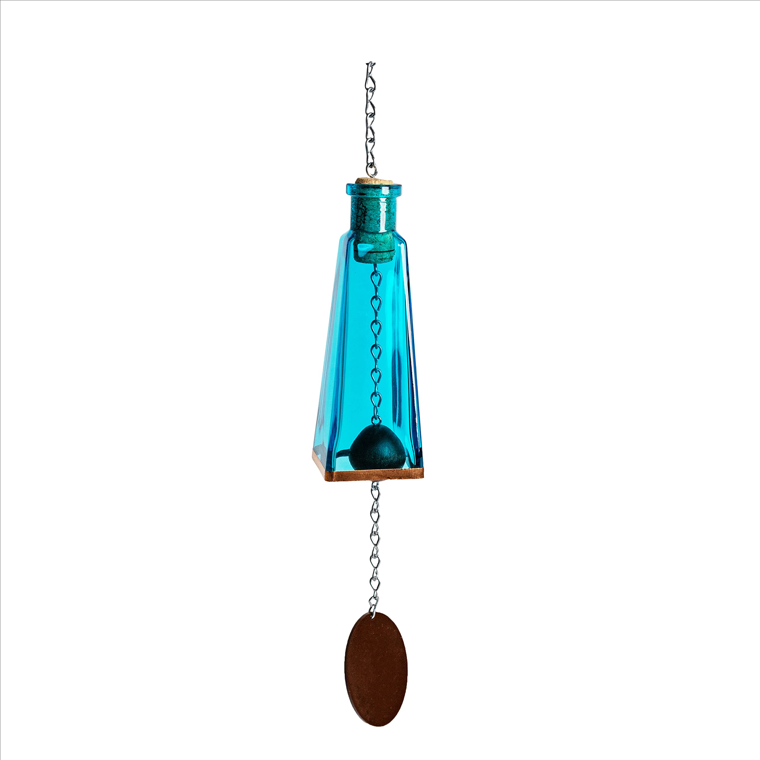 Blue Ridge Mountain Gifts Pyramid Bottle Wind Chime for Garden & Porch Decor w/Cooper Accent, Stained Wooden Ball, & Colorful Glass Bottles - Ideal for Wind Chime Lovers (Aqua Blue)