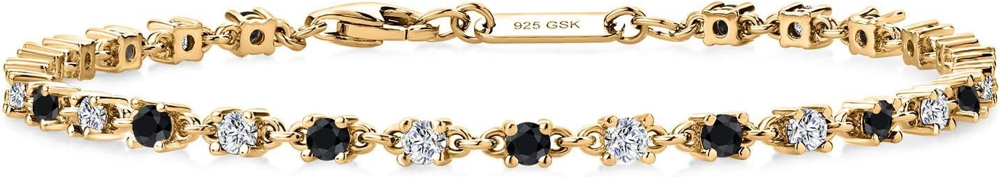 Gem Stone King Black Onyx and White Moissanite Tennis Bracelet for Women in 925 Sterling Silver | 1.76 Cttw | Round 2.5MM | Gemstone December Birthstone | 7 Inch