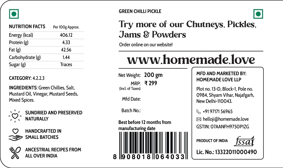 Homemade Love Green Chilli Pickle Made with Farm sourced, Sun-Dried Green Chillies (200g)| Spicy and Tangy Hari Mirch ka Achaar Mixed with Spices - Image 6 thumbnail