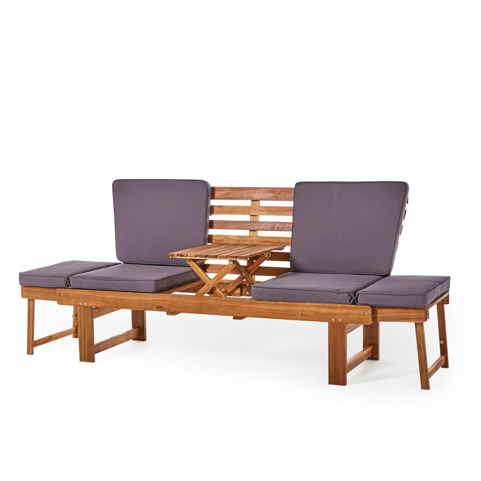 DESIGN DELIGHTS Holz GARTENBANK | 202cm, Akazie | Multifunktionsbank, Holzbank mit Polstern, verstellbare Sitzbank, Gartenliege mit integriertem Tisch, Holz Lounge Bank