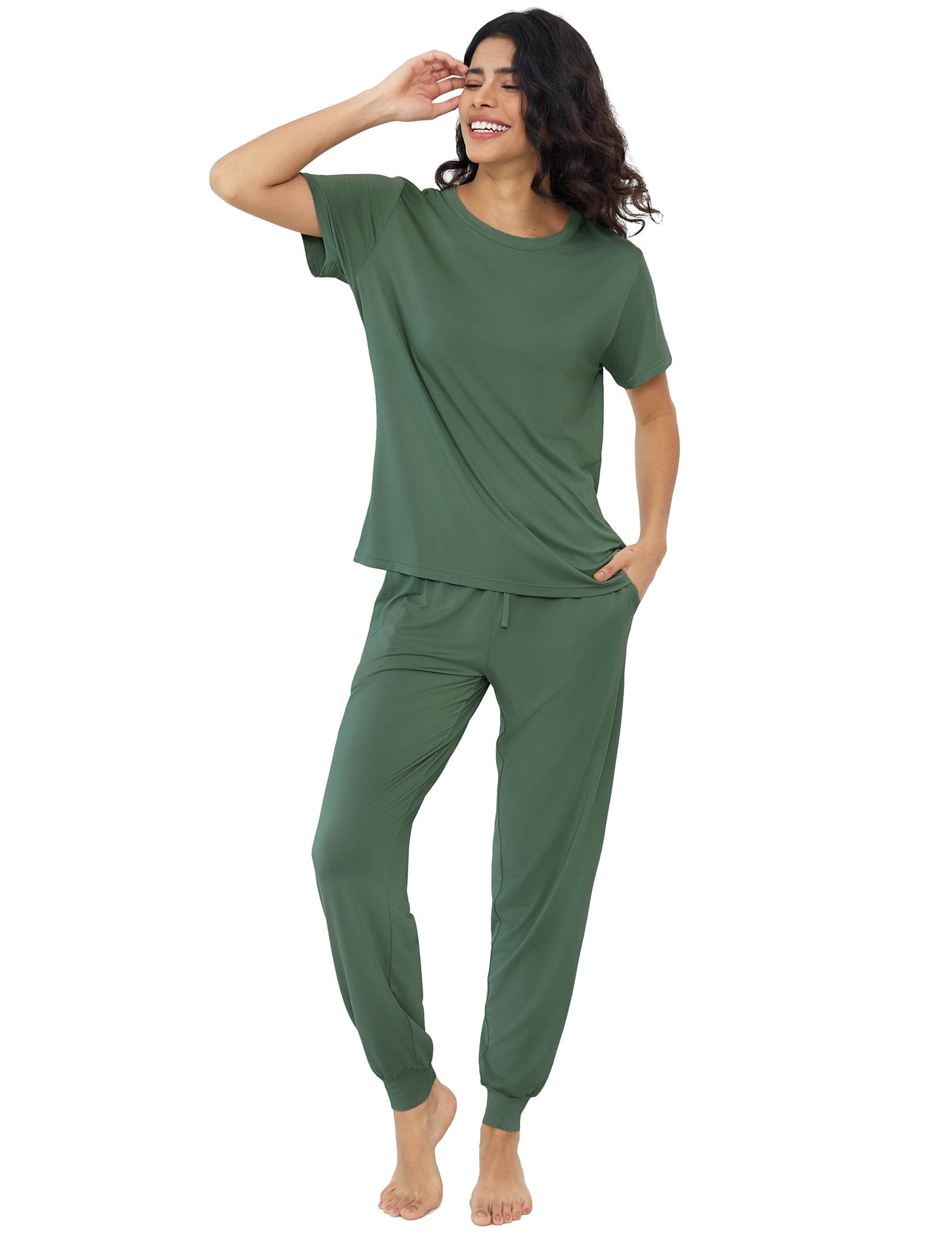 Joyaria Bambus Viskose Pyjama Set Kurzarm Damen Lange Hose mit Bündchen | Bambus Viskose, Leicht, Weich, Jogginghose mit Taschen, Zweiteiliger Schlafanzug, S-XXL