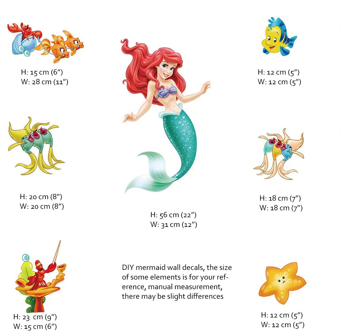 Runtoo Pegatinas de Pared Sirena Ariel Stickers Adhesivos Vinilo Princesa Peces Decorativas Baño Infantiles Habitacion Bebe