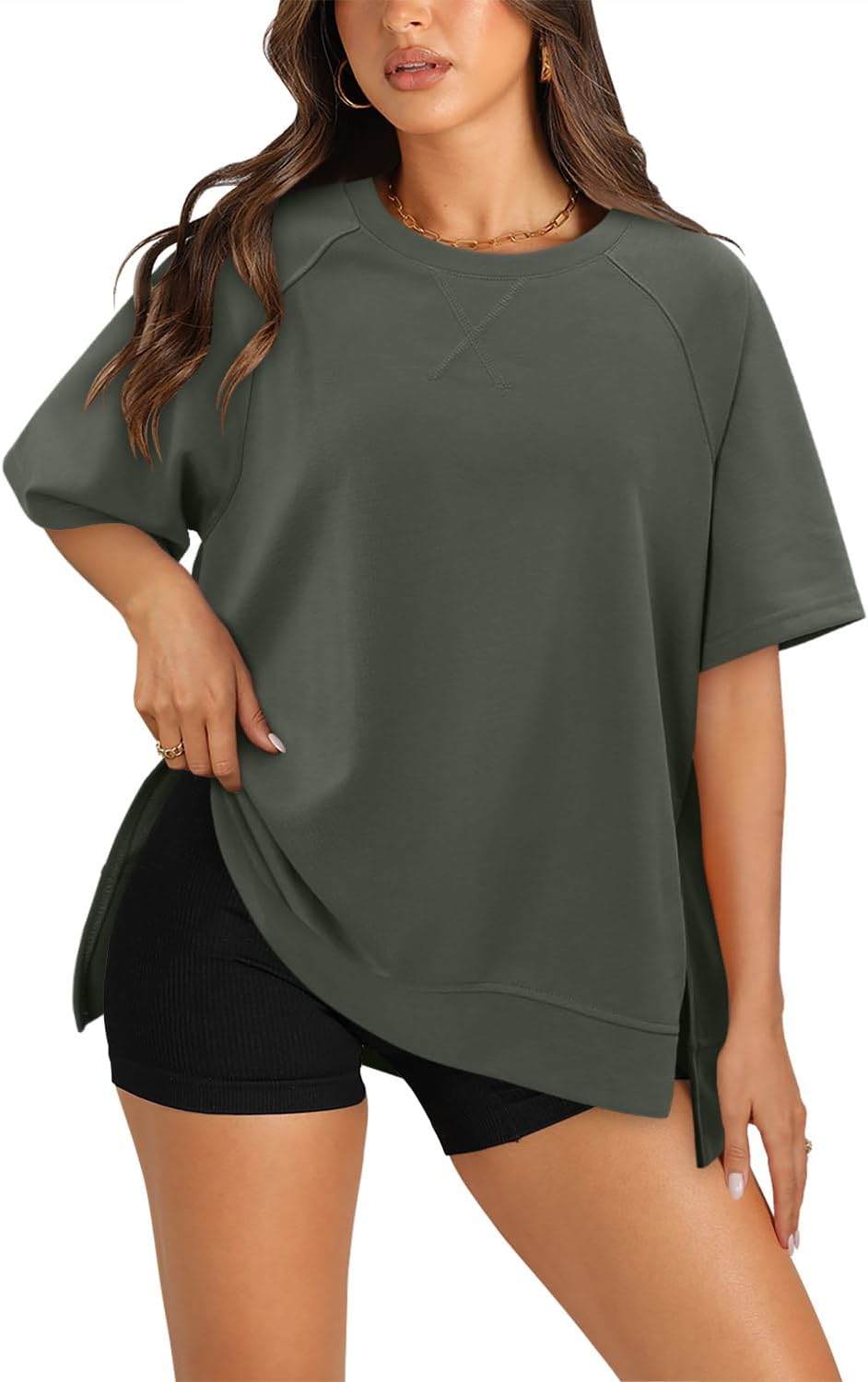 KISSMODA Oversized T Shirts for Women Crew Neck Short Sleeve Casual Summer Tops Loose High Low Blouse - Image 2