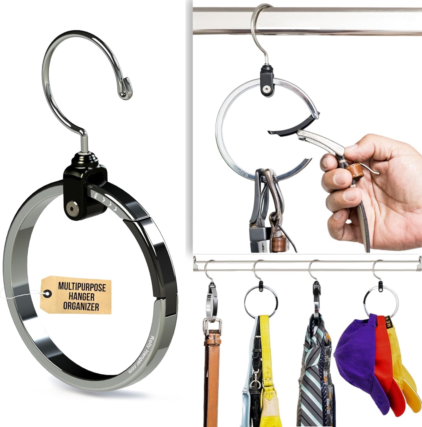 ROLLY HANGER Multipurpose Closet Hanger Organizer Great Space Saver Cut Clutter in The Closet Perfect for Belts, Baseball Hats, Ties, Scarves, Purses and Much More Versatile Hanger