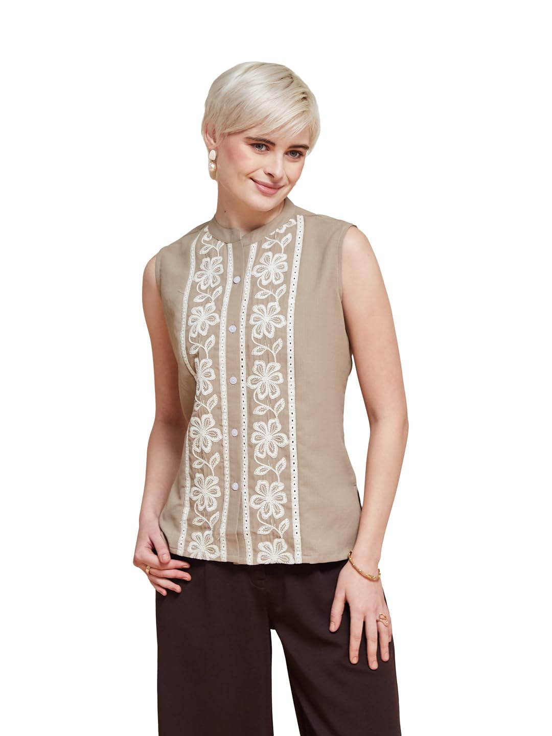 j turritopsis Women's Viscose Blend Embroidered Shirt Floral Regular Fit Mid Thigh Length Mandarin Collar Sleeveless Summer Wear Shirt-picture-12