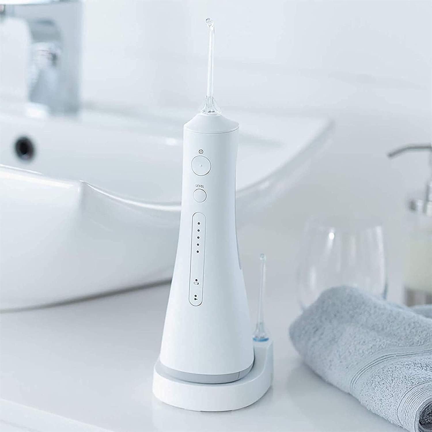 Idropulsore Orale Professionale Senza Fili Water Flosser - Idropulsore Portatile e Ricaricabile Impermeabile IPX7 con Serbatoio dell'Acqua Lavabile for casa e Viaggio (Bianco)