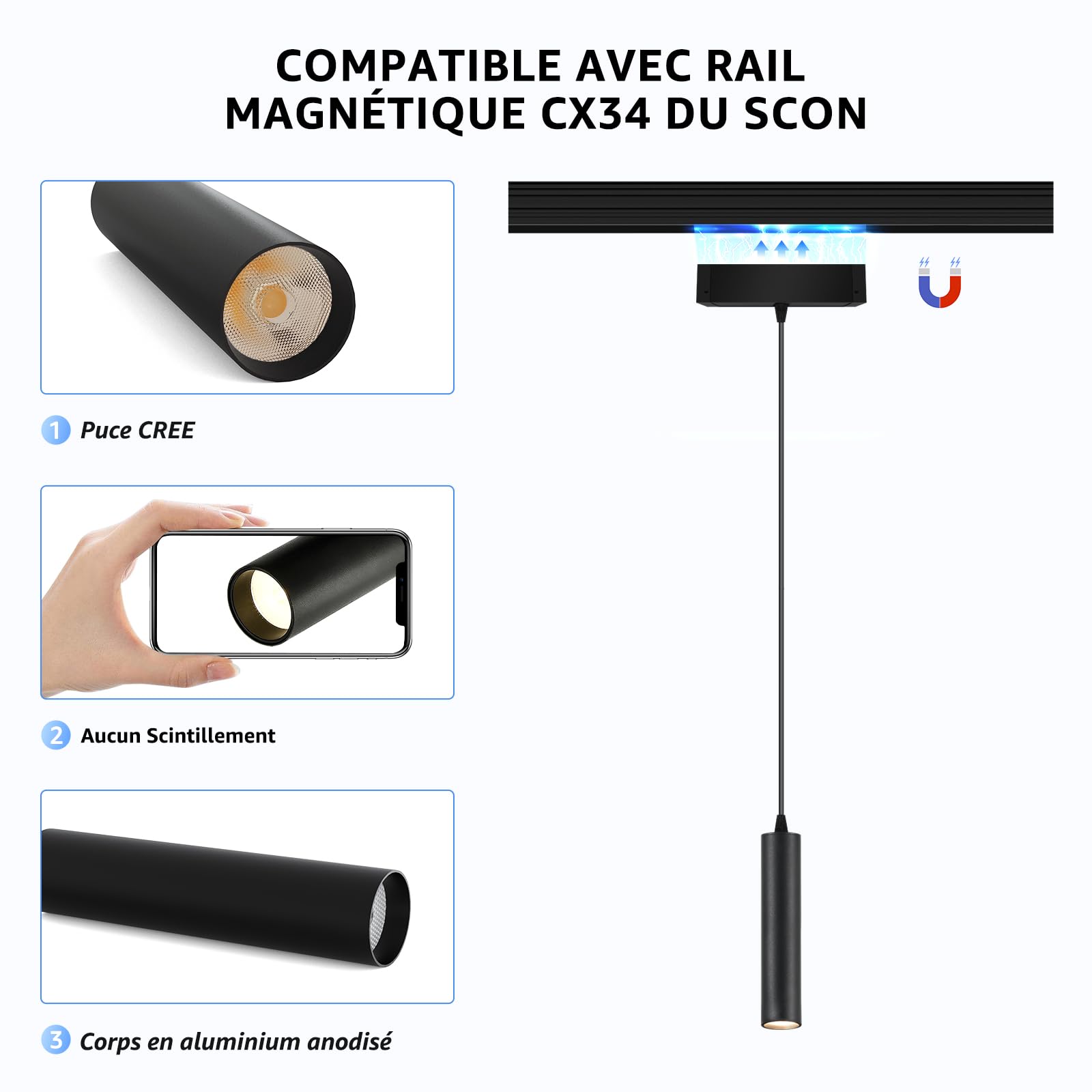 SCON Lampe Linéaire LED 24V Pour Rail Magnétique - Luminaire Noir Dimmable CCT 3000K 4000K 5000K 15W CRI 85