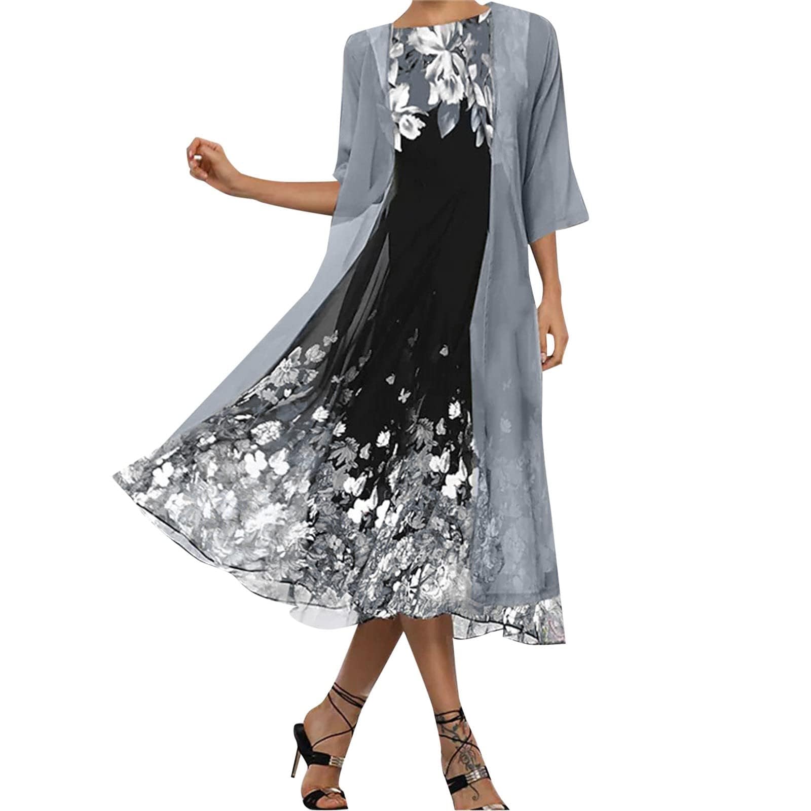 Women's Flowy Two Piece Set Wedding Guest Dress with Chiffon Jacket Boho Floral Formal Cocktail Party Midi Dress