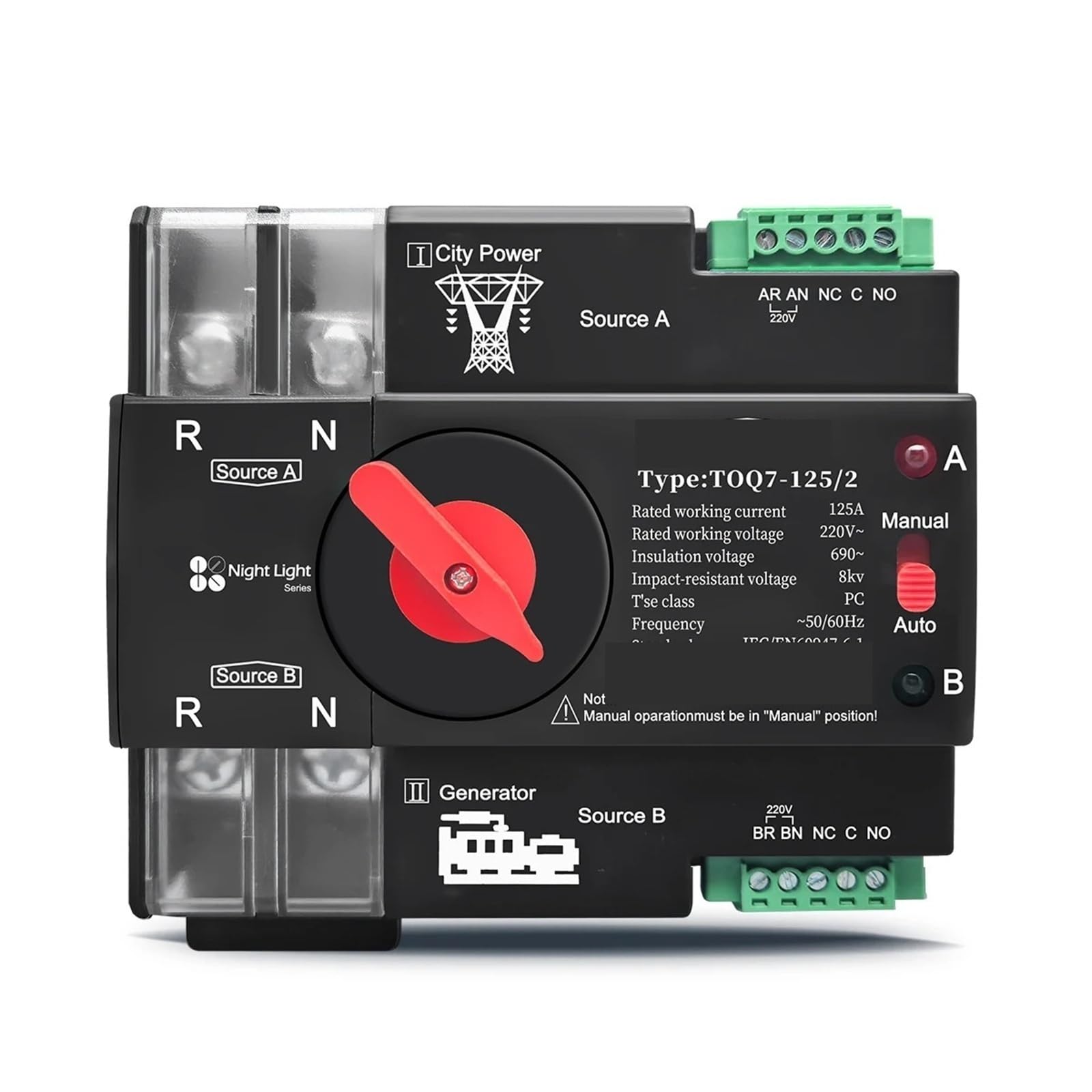 NVSFZGIYG Din Rail 220V 230V Dual Power Automatic Transfer Electrical Selector Switch 2P 63A 100A 125A 1Pcs(100A)