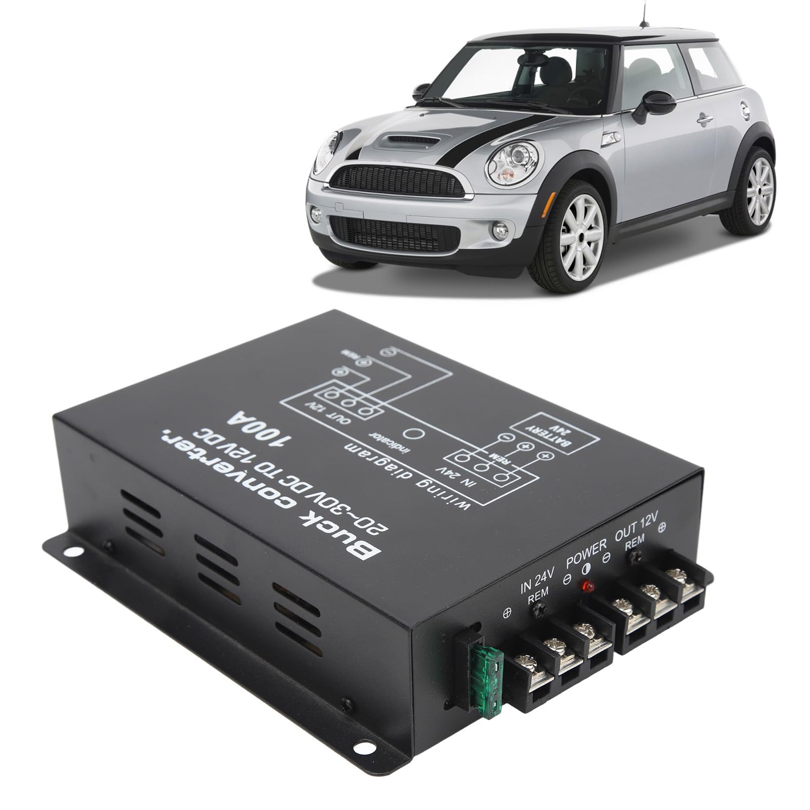 Convertitore di Alimentazione per Auto Nero, Riduttore di Tensione CC in Lega di Alluminio 100A Protezione da Sovratemperatura Ad Alta Resistenza Convertitore CC da 24 V a 12 V
