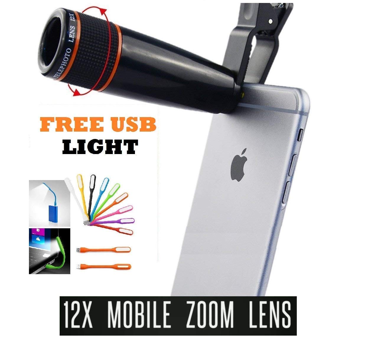 Ceuta Retails®,12x Zoom Mobile Telescope Camera Lens + USB Light - Adjustable Focus, Hd Pictures, Optical Lens with Cover and Cleaner