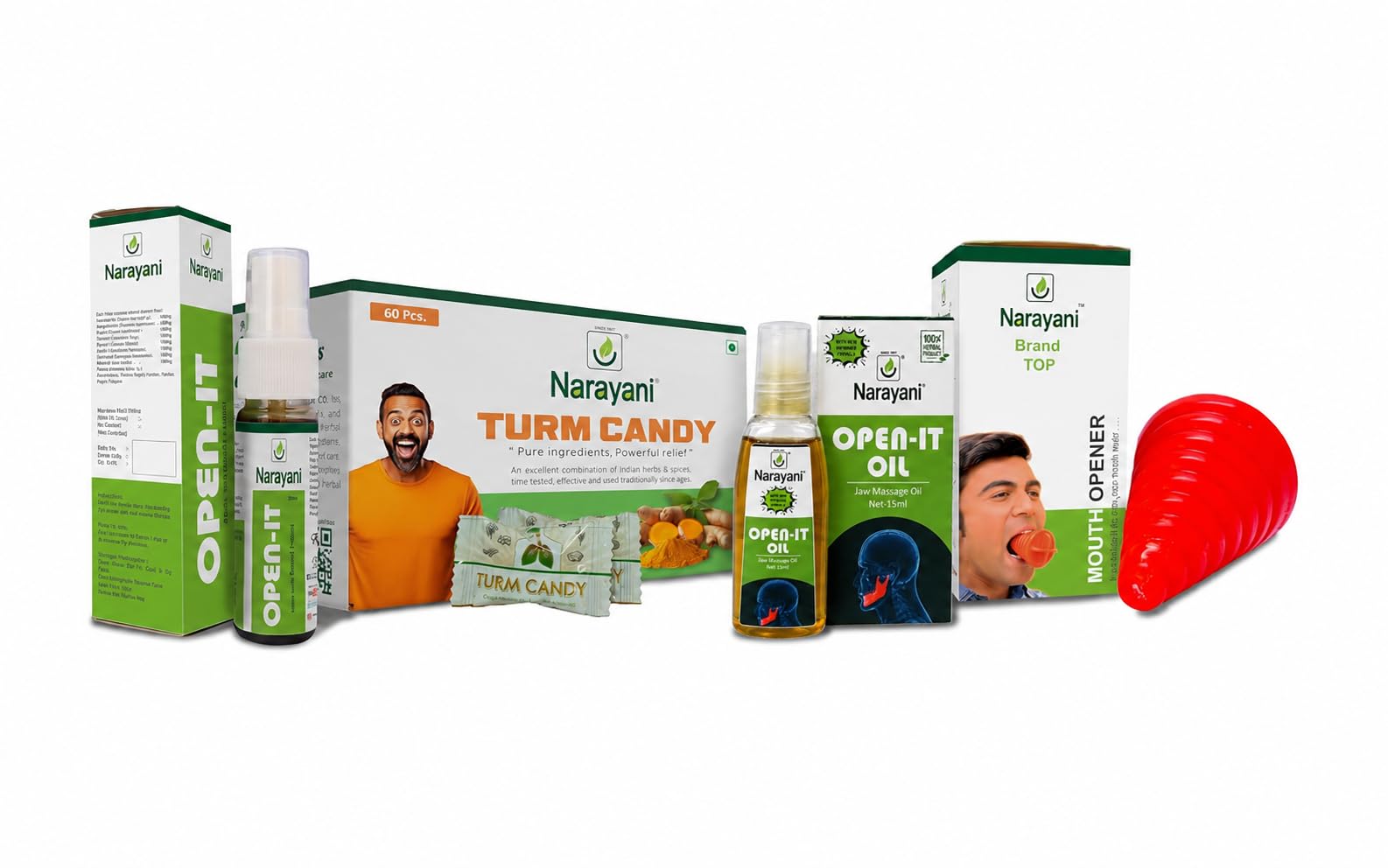 Narayani's Mouth Opening Kit for Sub-Mucus Fibrosis | 60 Turm Candy, 3 Open It Spray, 2 Open Oil, 1 Mouth Opener-image-27