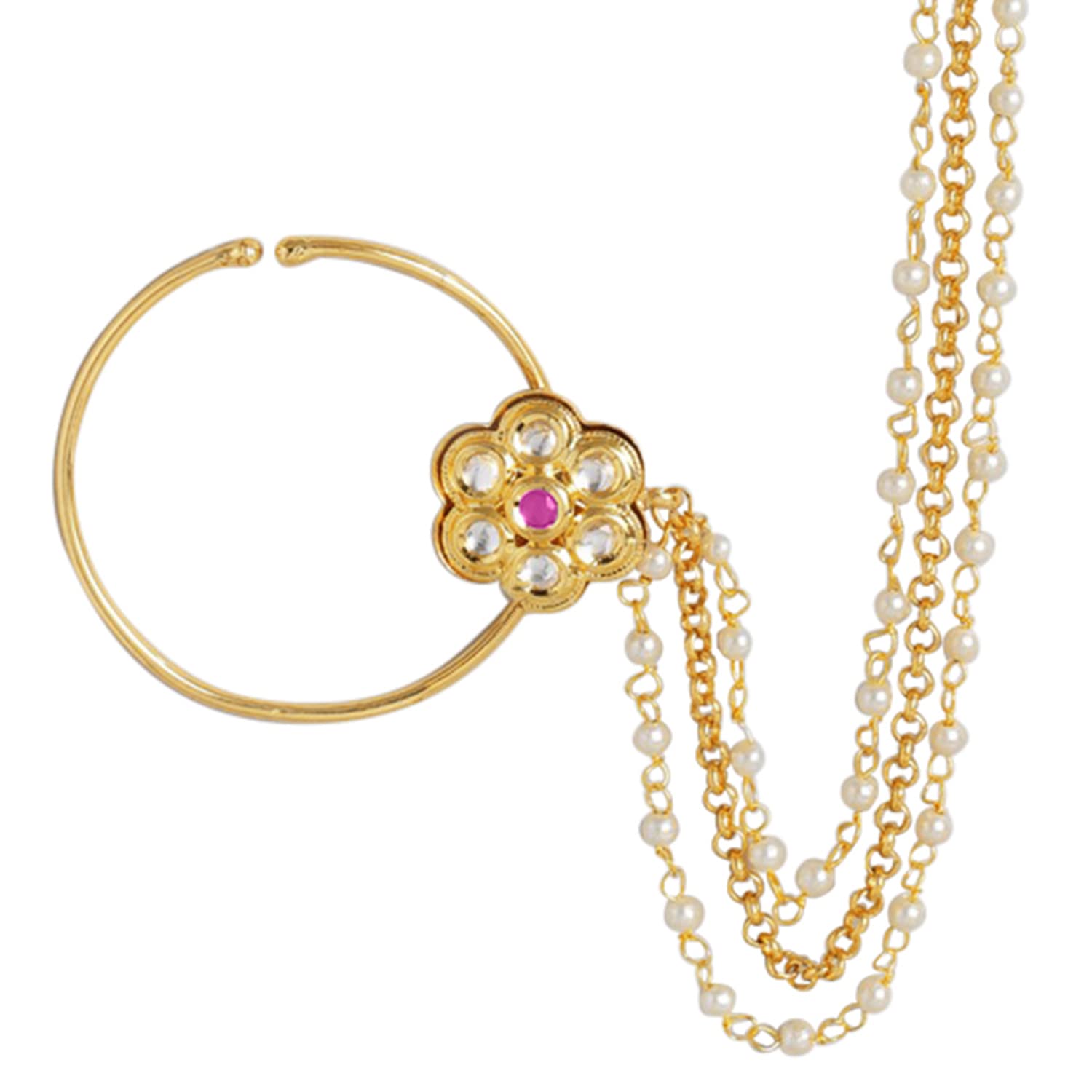 peora Gold Plated Traditional Kundan Studded Floral Nose Ring Nath without Piercing w Pearl Beaded Chain-picture-16
