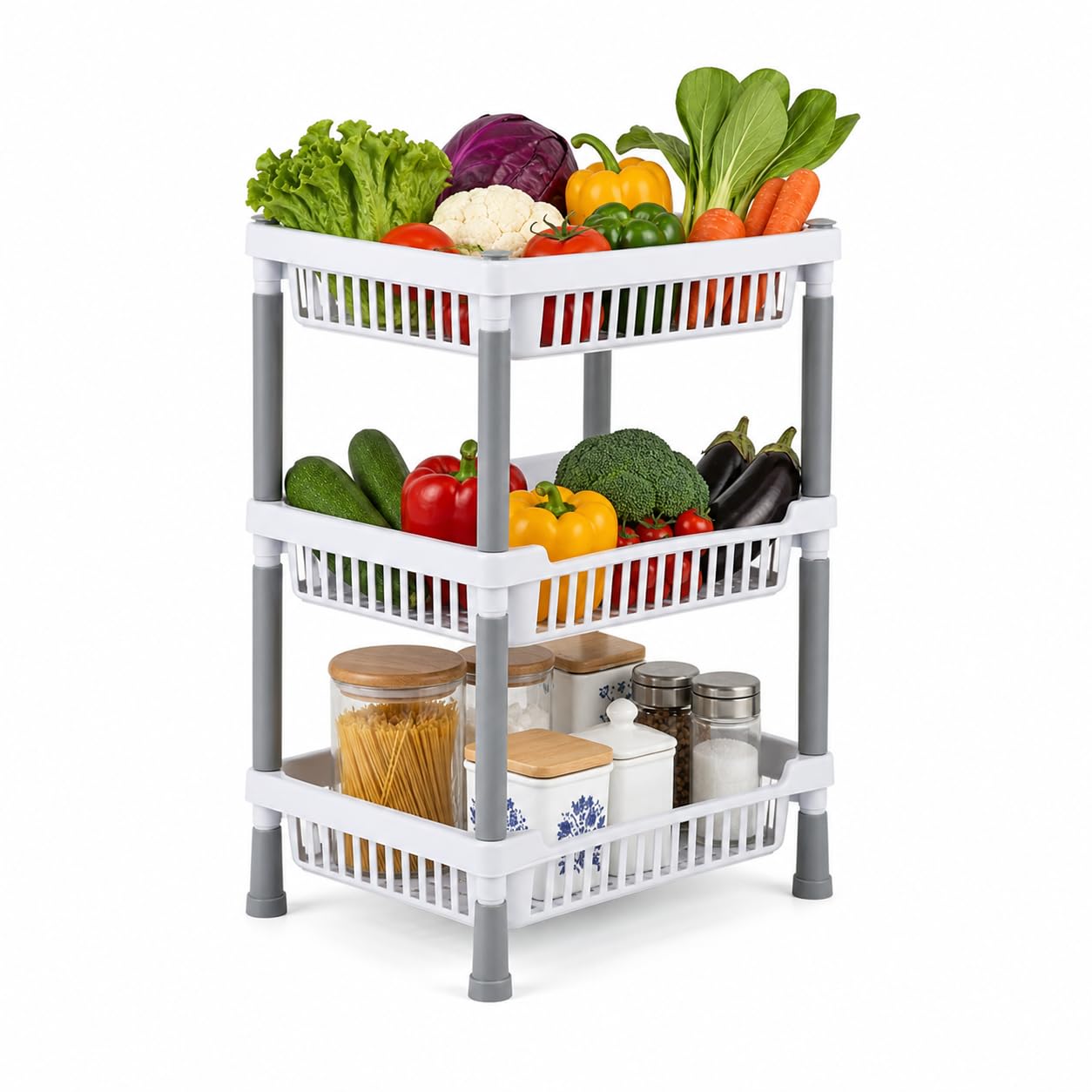 Plastic 3 Layer Multi-Purpose Kitchen Storage Basket Rack|Vegetable Basket for Kitchen (Grey Tiered Shelf)-image-26
