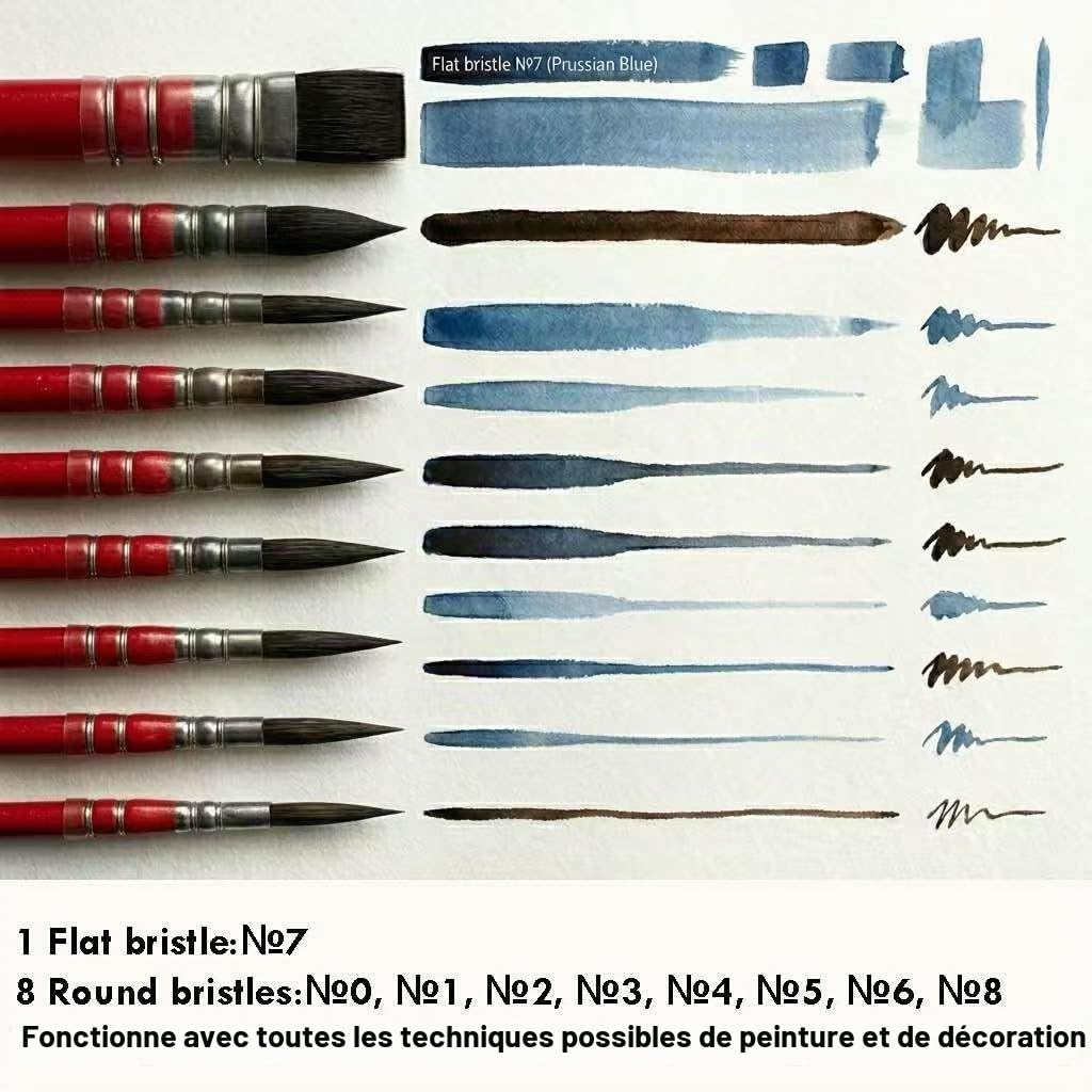 tumuarta Lot de 9 pinceaux aquarelle à manche court en poils d'écureuil synthétiques n° 0-8 8 ronds, 1 plat (rouge)