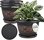 4 Pack 10 inch Plant Pots, Retro Pattern Planters with Drainage Holes and Saucer, Sturdy Plastic Garden Flower Pots for Indoor & Outdoor Plants