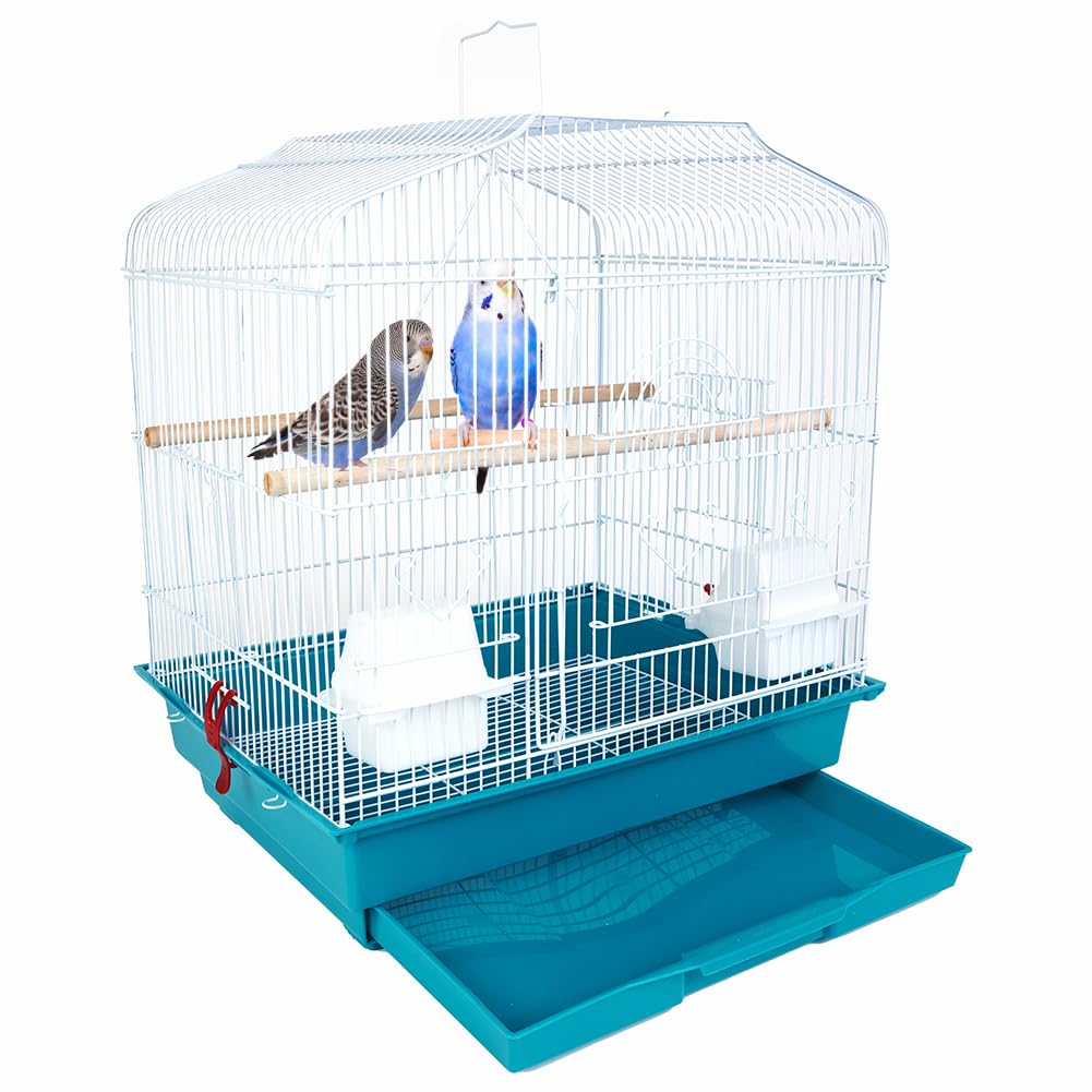 BAKAJI Bird Cage Aviary Cage with Sliding Tray and Wooden Perches, Metal Stacking Cage Ideal for Parrots, Parakeets, Birds, 46.5 x 35.5 x 65.5 cm (Green)